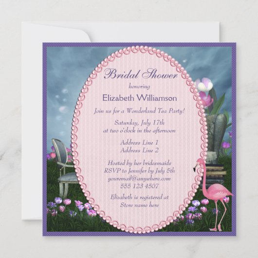 Roze Flamingo Wonderland Tea Party Vrijgezellenfee Kaart (Achterkant)