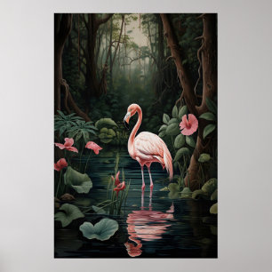 Roze Flamingo Woud Rivier Druk, Tropisch Poster