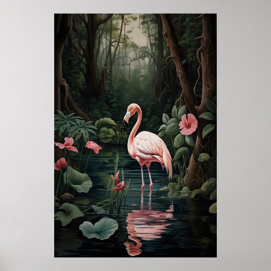 Roze Flamingo Woud Rivier Druk, Tropisch Poster (Voorkant)