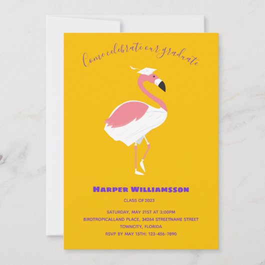 Roze Flamingo Yellow Animal Afstuderen Kaart (Voorkant)