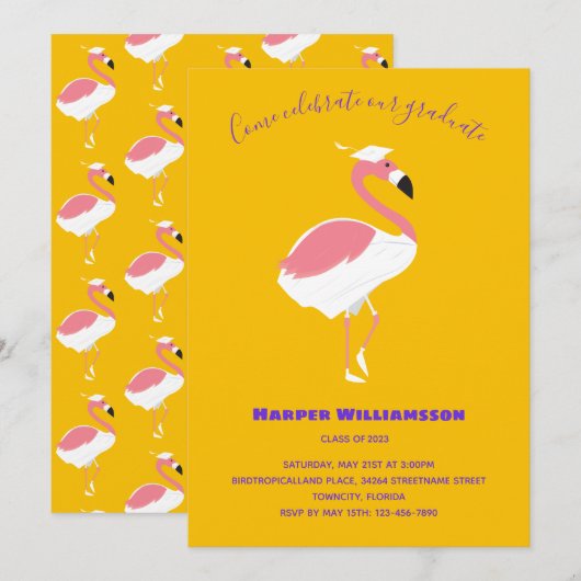 Roze Flamingo Yellow Animal Afstuderen Kaart (Voorkant / Achterkant)