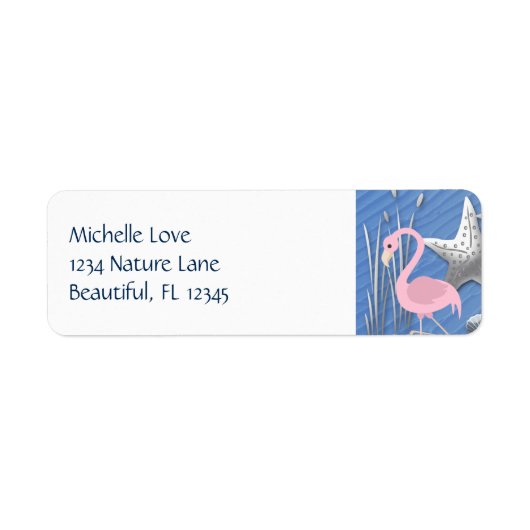 Roze Flamingo, Zeesterren en Cattails Beach Adres Etiket (Voorkant)