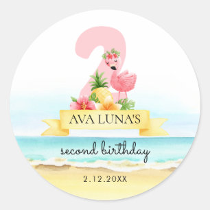 Roze Flamingo Zomer 2e Verjaardag Ronde Sticker