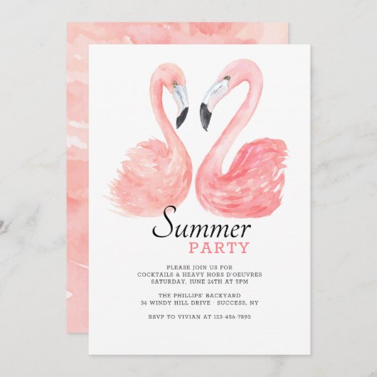 Roze Flamingo Zomer Party Uitnodiging (Voorkant / Achterkant)