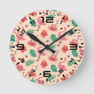 Roze Flamingo Zomer Tropisch Patroon Ronde Klok
