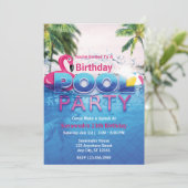 Roze Flamingo Zomer Zwembad Verjaardagsfeestje Kaart (Staand voorkant)