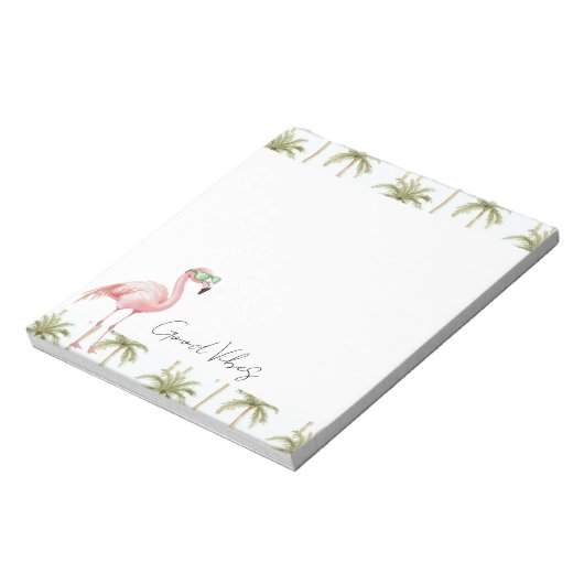Roze Flamingo Zonnebrillen Palmbomen Goede Vibes Notitieblok (Linkerzijde)