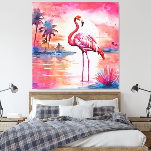 Roze flamingo zonsondergang canvas afdruk (Insitu (Slaapkamer))