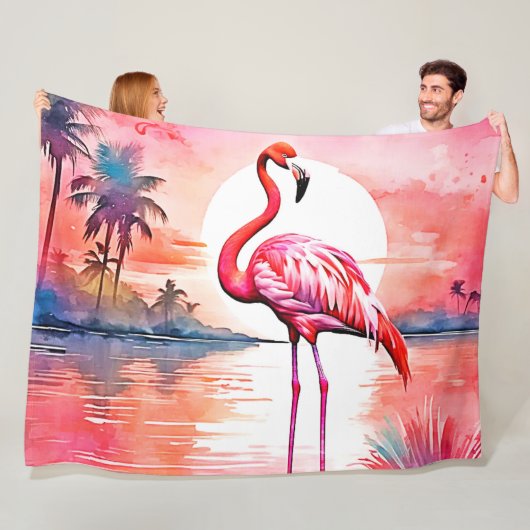 Roze flamingo zonsondergang fleece deken (In situ)