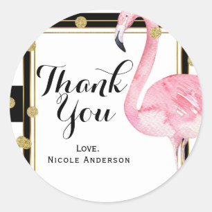 Roze Flamingo Zwart Wit Strepen & Gouden Confetti Ronde Sticker
