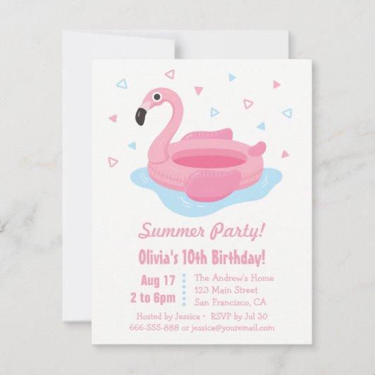 Roze Flamingo Zwembad Float Summer Birthday Party Kaart (Voorkant)