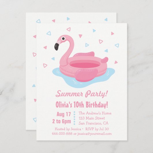 Roze Flamingo Zwembad Float Summer Birthday Party Kaart (Voorkant / Achterkant)