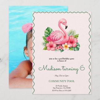 Roze Flamingo Zwembad Verjaardagsfeest Uitnodiging