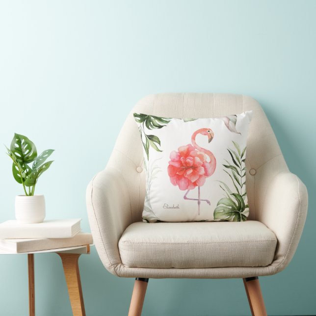 Roze Flamingobloem, Palmblad Kussen (Stoel)