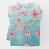 Roze flamingoenen & Tropisch roze Hibiscus Flower Inpakpapier Vel (In situ)