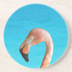 Roze flamingogezicht tegen blauwe water op een zandsteen onderzetter