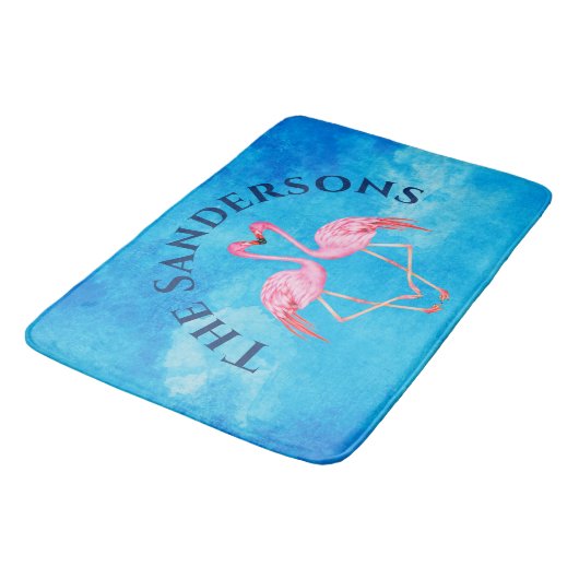 Roze flamingos Bathroom Monogram Naam Blauw Badmat (Gekanteld)