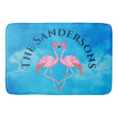 Roze flamingos Bathroom Monogram Naam Blauw Badmat (Voorkant)
