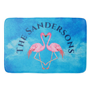 Roze flamingos Bathroom Monogram Naam Blauw Badmat