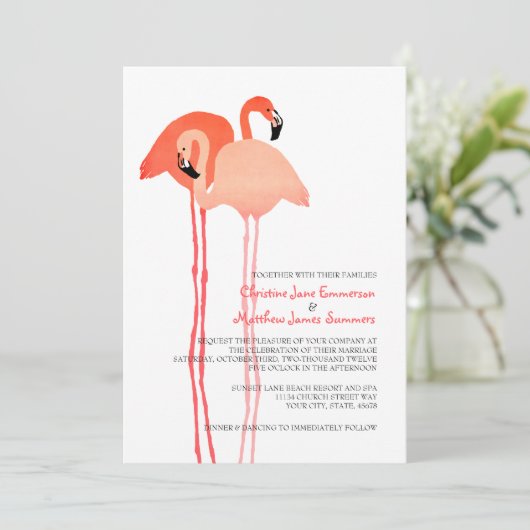 Roze flamingos Beach Wedding Invitations Kaart (Staand voorkant)
