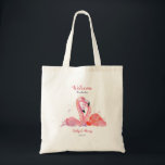 Roze Flamingos Beach Wedding Welcome Canvas tas<br><div class="desc">Ontworpen speciaal voor bestemmingsbruiloften, strand of tropische bruiloften, heet uw gasten welkom met deze flamingo welkome tas. Maar het is een mooi cadeau voor bruidmaiden of voor gasten uit de stad. Vul met kleine dingen die je reiswoeste gasten zullen waarderen. Het ontwerp bevat een paar roze waterverf flamingos en je...</div>
