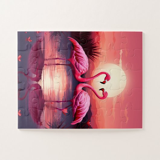 Roze Flamingo's bij zonsondergang Legpuzzel (Horizontaal)