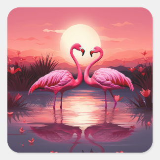Roze Flamingo's bij zonsondergang Vierkante Sticker