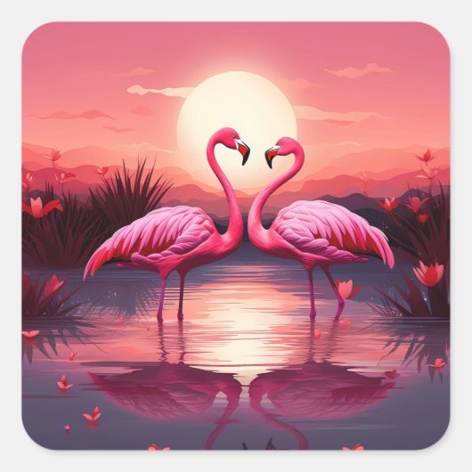Roze Flamingo's bij zonsondergang Vierkante Sticker (Voorkant)