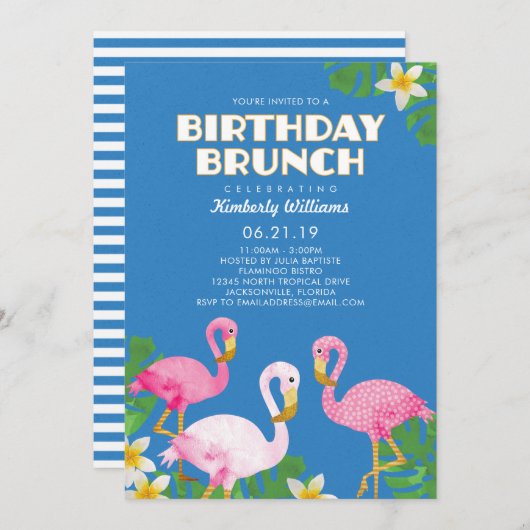 Roze Flamingos Birthday Brunch Blue Kaart (Voorkant / Achterkant)