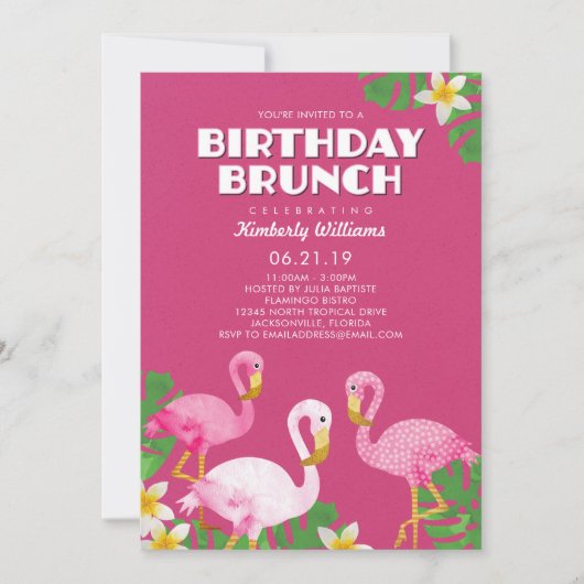 Roze Flamingos Birthday Brunch Fuchsia Kaart (Voorkant)