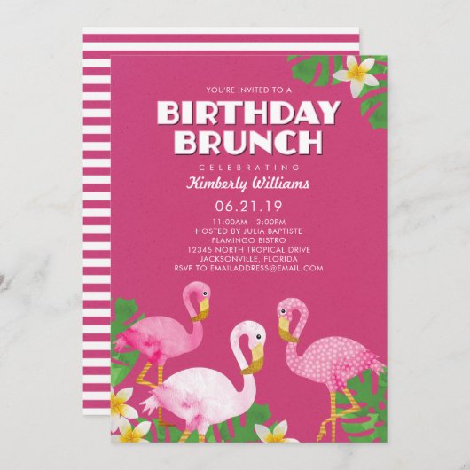 Roze Flamingos Birthday Brunch Fuchsia Kaart (Voorkant / Achterkant)