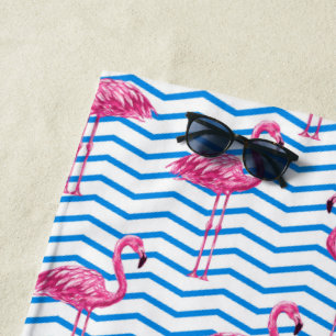 Roze Flamingo's Blauw Abstracte Chevrons monogram Strandlaken