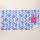 Roze Flamingo's Blauw Abstracte Chevrons Monogramm Strandlaken (Voorkant)