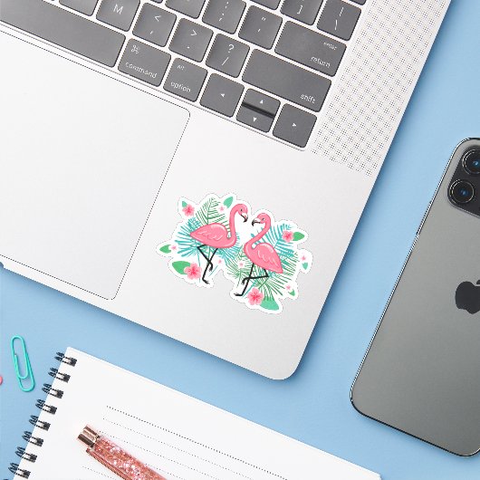 Roze Flamingo's & Bloemen Sticker (Laptop met iPhone)