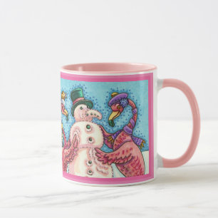 Roze Flamingos Building Snowman CHRISTMAS Mok