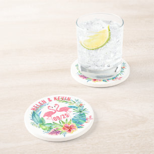 Roze Flamingos Colorful Tropical Flowers Wreater Zandsteen Onderzetter