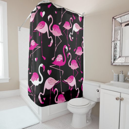 Roze flamingo's, donker naadloos patroon. douchegordijn (In situ)