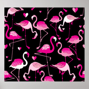 Roze flamingo's, donker naadloos patroon. poster