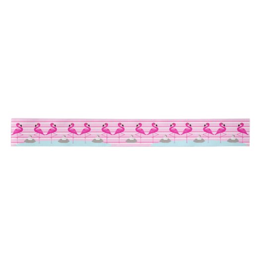 Roze flamingo's en broedend baby roze striplint satijnen lint (Voorkant)