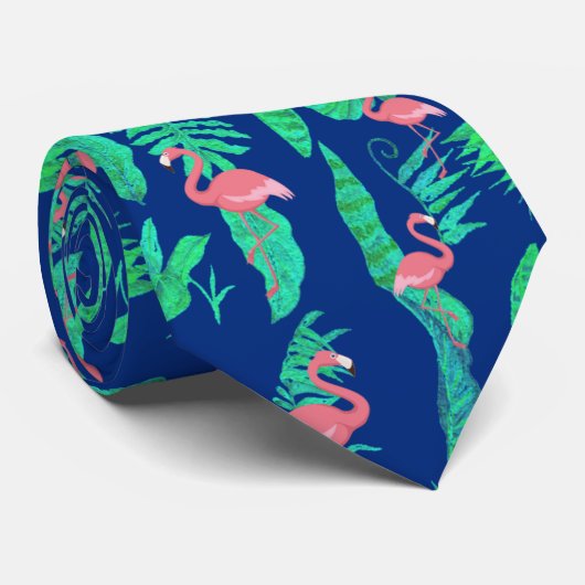 roze flamingos en groene bladeren op elke kleur stropdas (Opgerold)