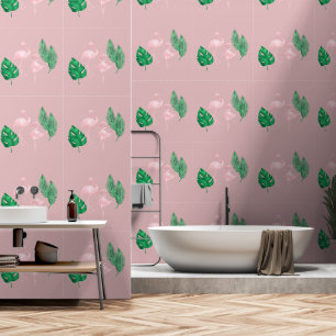 Roze Flamingo's en palmbladeren op Blush Pink Behang
