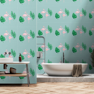 Roze Flamingo's en Palmbladeren op Teal Behang