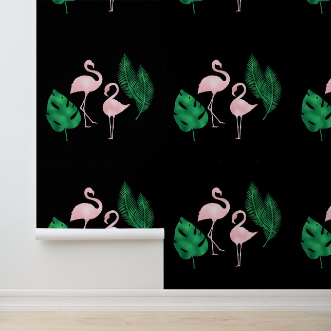 Roze flamingo's en palmbladeren op zwart behang (Applicatie)