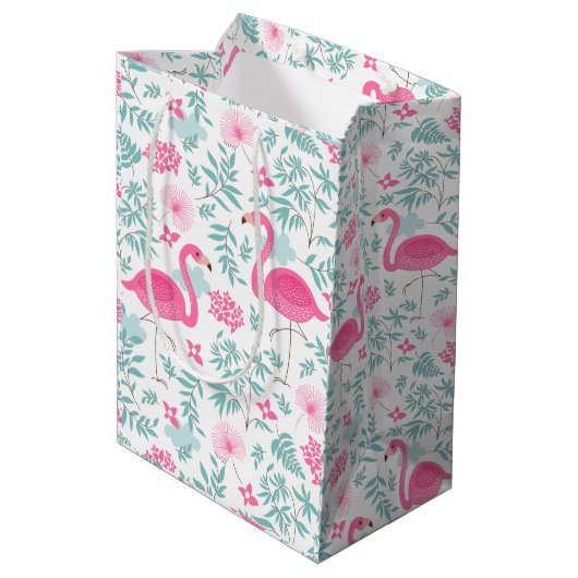 Roze flamingos en tropische bladeren medium cadeauzakje (Achterkant Gekanteld)
