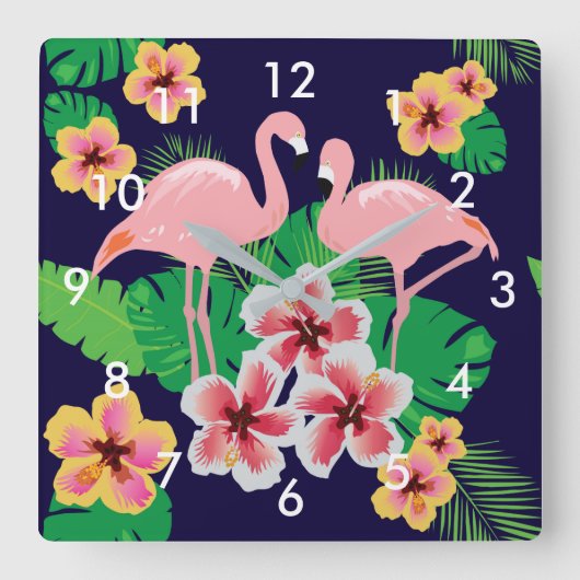 Roze flamingos en Tropische Flowers Wall Clock Vierkante Klok (Voorkant)