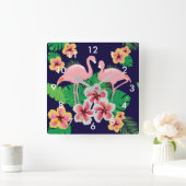 Roze flamingos en Tropische Flowers Wall Clock Vierkante Klok (Huis)