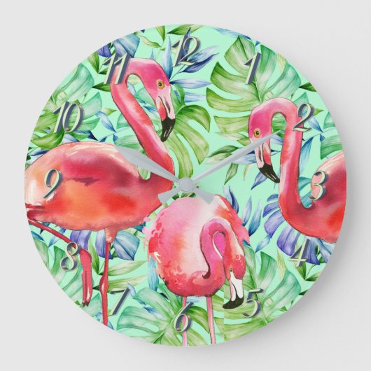 Roze flamingos en tropische lederen klok (Voorkant)