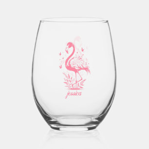 Roze flamingo's en vlinders wijnglas zonder voet