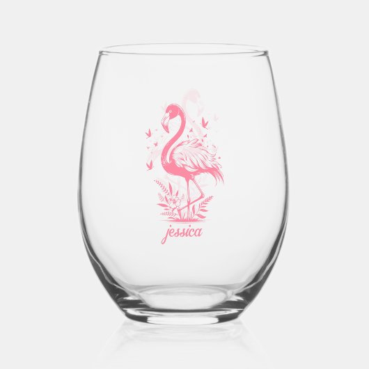 Roze flamingo's en vlinders wijnglas zonder voet (Voorkant)