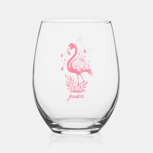Roze flamingo's en vlinders wijnglas zonder voet (Achterkant)